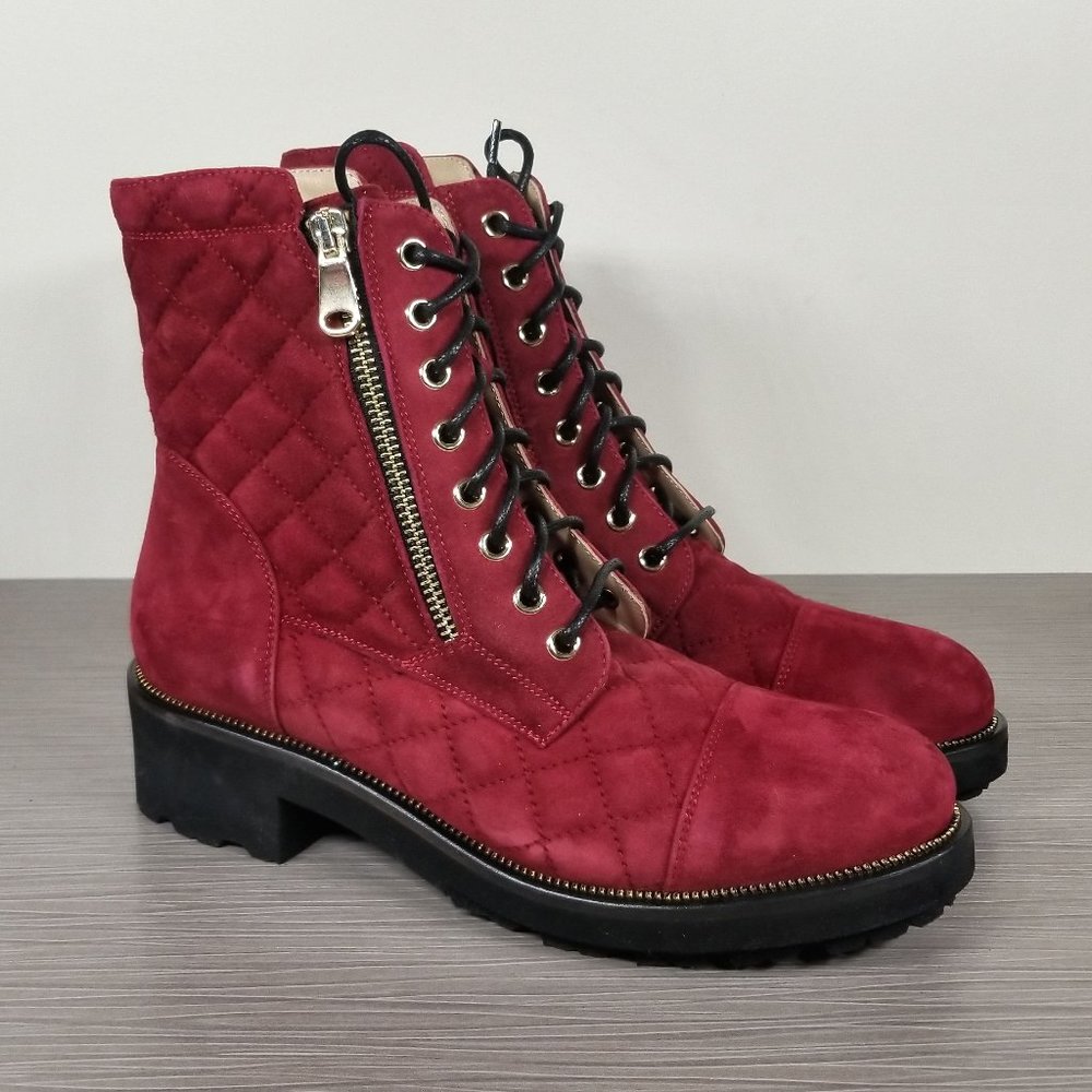 Ron White Tiffany Quilted Combat Booties, Red Suede, Womens Size 6 / 36